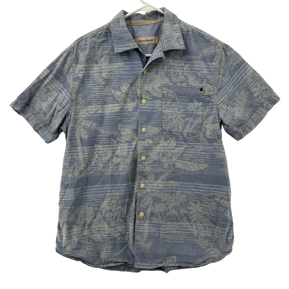 Tommy Bahama Shirt Mens Small Blue Gray Hawaiian Aloha Floral Button Front Aloha